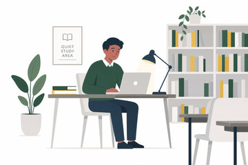 Man studying at desk with bookshelf in background © Ai.com