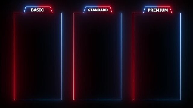 glowing neon two color Basic, Standard, and Premium Package subscription tiers, Animation. Pricing and Features, Pricing plans table, pricing chart, price list for web or app tech concept 4k video