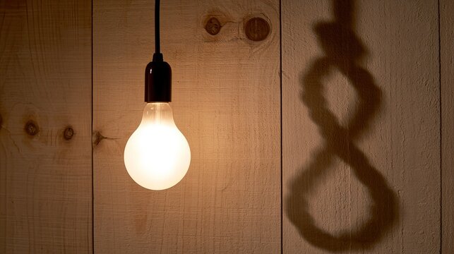 Illuminated bulb casts shadow of noose on rustic wooden wall