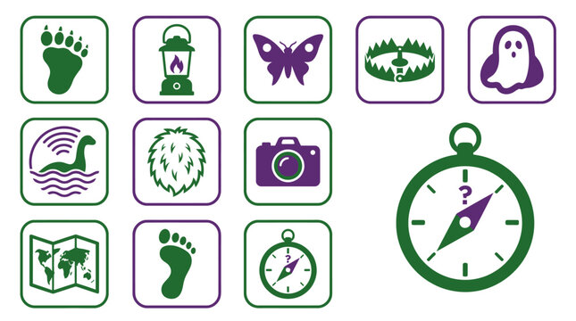 Cryptozoology Icons Set: Bigfoot, Nessie, Mothman, Compass, Map, Camera, Lantern, Trap, Ghost