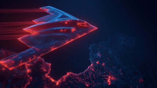 A futuristic stealth bomber, illuminated by vibrant red and blue neon light, streaks across a dark, cloud-filled sky. ..Created with Generative AI, not depicting real subjects.