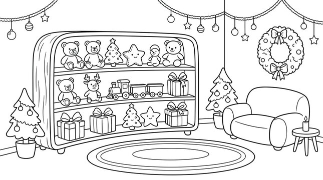 Christmas Toy Shop Interior with Shelf, Teddy Bears and Festive Decoration Coloring Page