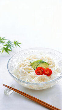 氷を入れたガラスボウルの冷たいそうめんと夏野菜