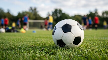 Soccer Ball on Green Grass Training Field, Football Practice and Sports Equipment Concept © Erlangga