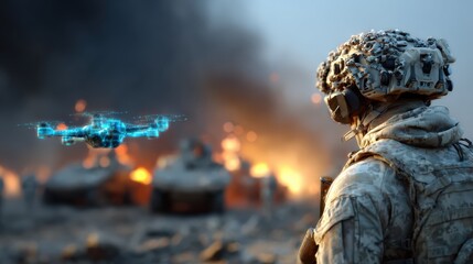 Obraz premium A soldier in full combat gear observes a glowing drone hovering over a battlefield, with explosions and smoke billowing in the background. ..Created with Generative AI, not depicting real subjects.
