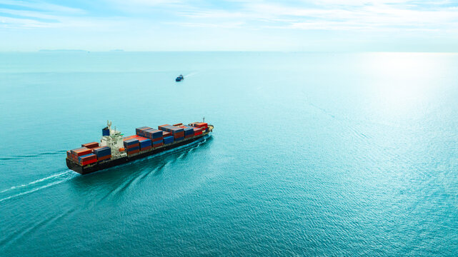 Aerial view of the freight shipping transport system cargo ship container. international transportation Export-import business, logistics, transportation industry concepts	