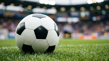 Soccer Ball on Green Grass Field in Stadium, Football Match and Sports Competition Concept © Erlangga