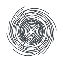 Stylized circular spiral galaxy with stars and planets. © Khuntet