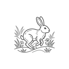 Fototapeta premium Wild rabbit leaping through grass field line art illustration.