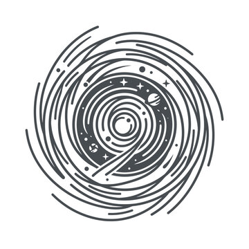 Stylized circular spiral galaxy with stars and planets.