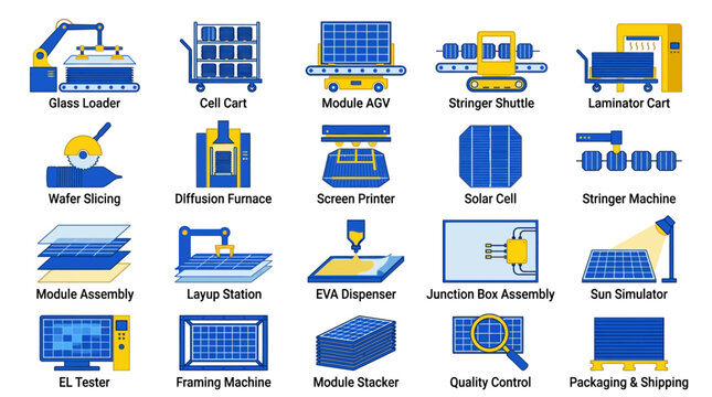 Solar Panel Production Line: Icons of Manufacturing Equipment and Processes
