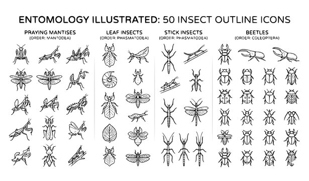 Black Outline Insect Icons Collection with Exotic Beetles Mantis and Leaf Insects