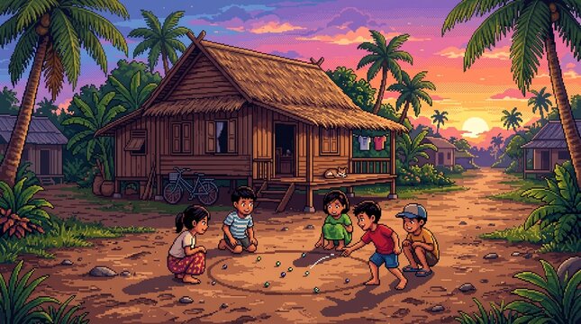 A heartwarming illustration of a group of village children playing marbles on a dirt ground in front of a traditional wooden stilt house.