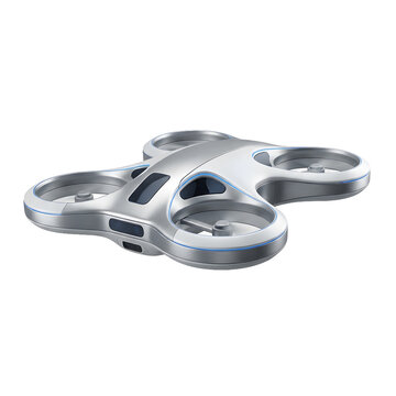 Sleek silver drone with four propellers and blue lighting accents, futuristic design for aerial photography or surveillance, on transparent background, modern transport.