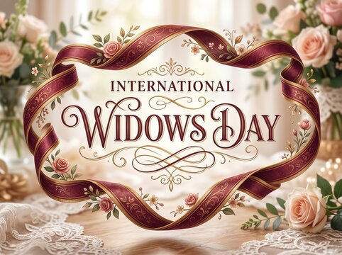 International Widows Day awareness ribbon with flowers and lace on a table