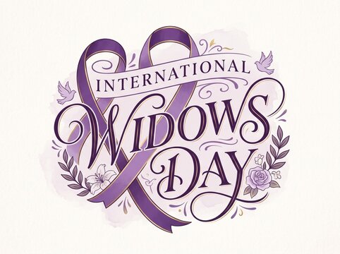 International Widows Day awareness ribbon purple flowers and leaves design