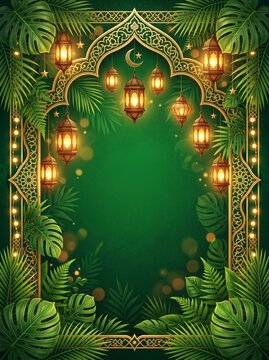 Islamic ramadan lanterns and green leaves on gold frame with transparent background