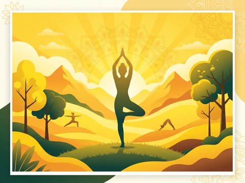 People practicing yoga in a serene natural landscape with mountains and trees outside