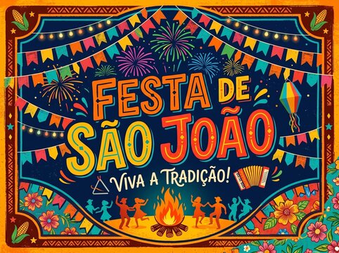 Sao Joao party celebration poster with colorful decorations and people dancing around campfire