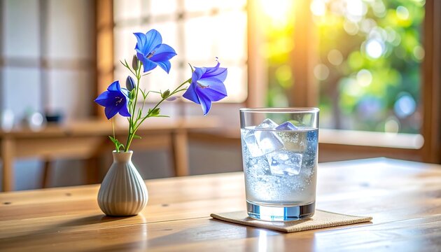 Glass of cold sparkling water with ice and elegant blue balloon flowers in a ceramic vase
