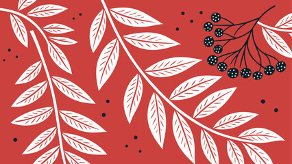 Red leaf, branch, and berry illustration, minimalist vector design, botanical elements, decorative pattern © sumona