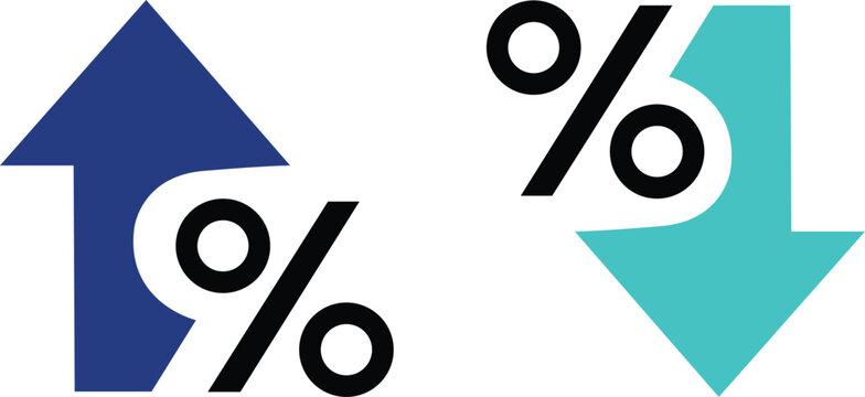 Financial percentage interest rate indicators isolated on white background, navy blue arrow up and light cyan arrow down symbols vector illustration, economic market trend layout
