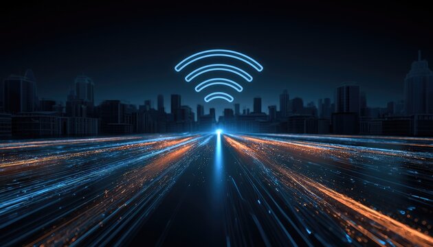 Futuristic cityscape with glowing data streams & Wi-Fi signal