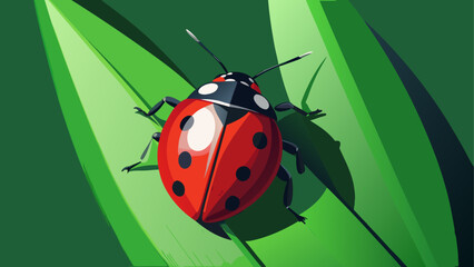 Vector ladybug, red beetle, black spots, green leaf, insect illustration © sumona