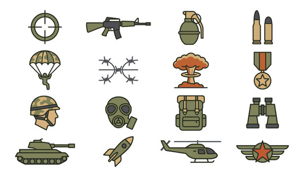 Military Icons Set with Army Equipment and Soldier Gear, Flat Vector Illustration Isolated on White