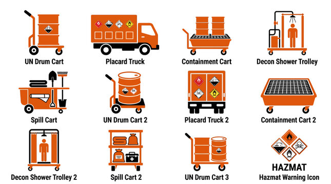 Hazardous Material Safety Equipment Icons: Carts, Trucks, Showers, Warning Signs