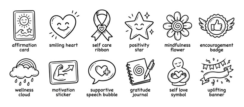 Hand drawn black and white icon set for self care, positivity, and mental wellness, featuring a smiling heart, gratitude journal, and mindfulness flower in a cute doodle sketch style