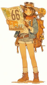 City Pop Adventure, vibrant young woman exploring Route 66 with a travel map and vintage sunglasses, embodying the spirit of American road trips and tourism excitement