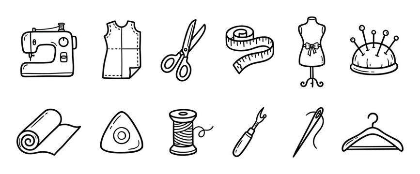 Set of hand-drawn black sewing icons with a sewing machine, scissors, mannequin, and thread, illustrating tailoring, dressmaking, and needlework crafts in a simple doodle style