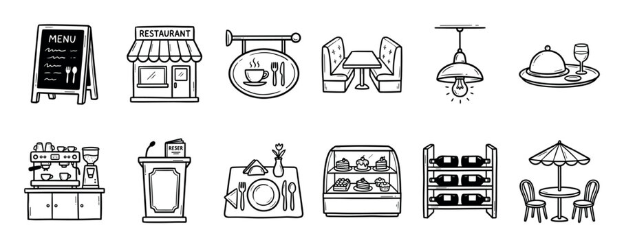 Set of hand-drawn restaurant and cafe icons featuring a menu board, storefront, coffee machine, table setting, and dessert case in a simple black and white doodle style illustration