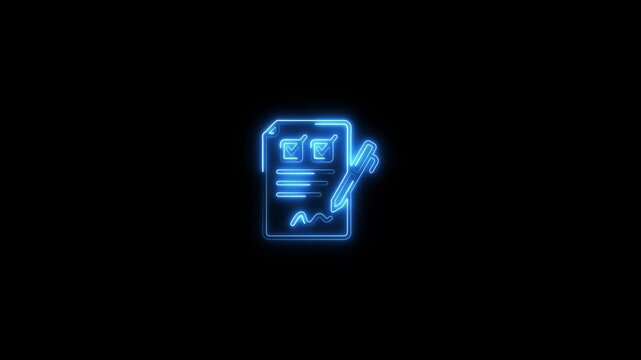 Neon blue document with pen on black background digital paperwork signing concept