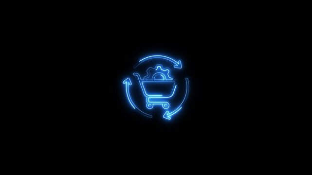 Neon shopping cart with circular arrows on black background ecommerce return exchange concept