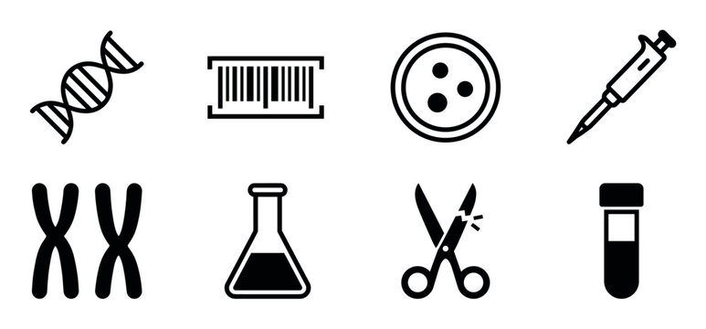 Collection of eight black science icons for genetics and biology research features a DNA helix, chromosomes, a petri dish, micropipette, flask, test tube, and gene editing symbol