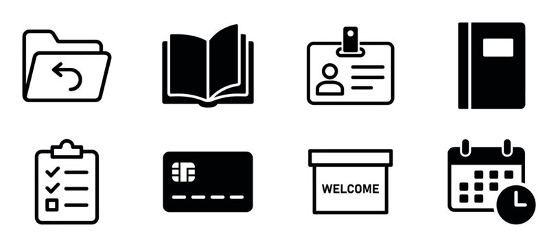 Set of black onboarding process icons including a welcome box, ID badge, checklist, and calendar for new employee orientation and company integration concepts