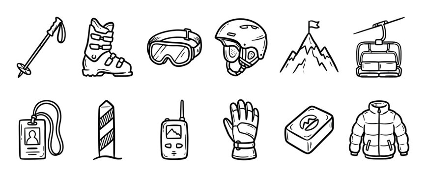 Collection of hand drawn ski icons featuring essential winter sports equipment like a helmet, goggles, boots, poles, and a jacket in a simple black and white doodle style