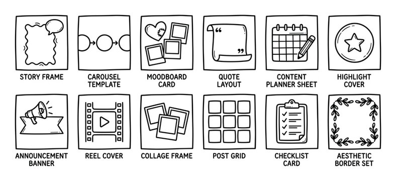 Set of twelve hand-drawn icons for social media content creation, featuring doodle-style templates for stories, carousels, posts, reels, and highlight covers in a minimalist sketch style