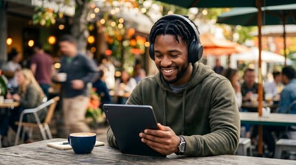 Obraz premium Happy African American man using digital tablet with headphones at outdoor cafe terrace, smiling black male freelancer working online, streaming media, video call or remote learning on city street.