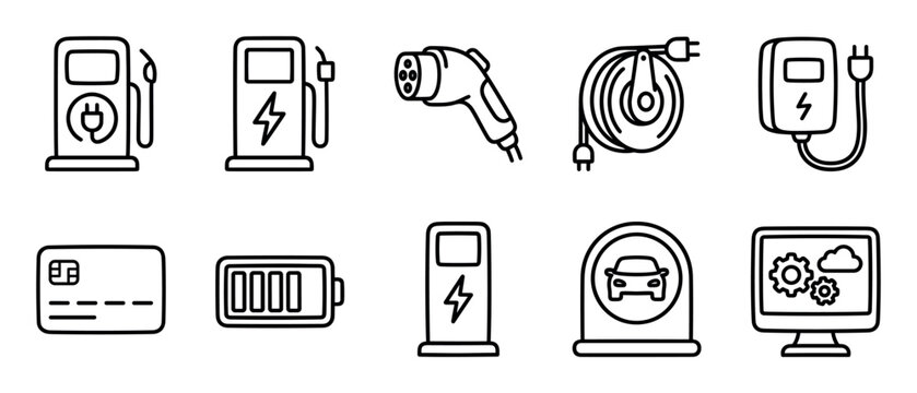 Collection of electric vehicle charging icons in a simple black line art style showing stations, plugs, batteries, and payment methods for sustainable transportation concepts