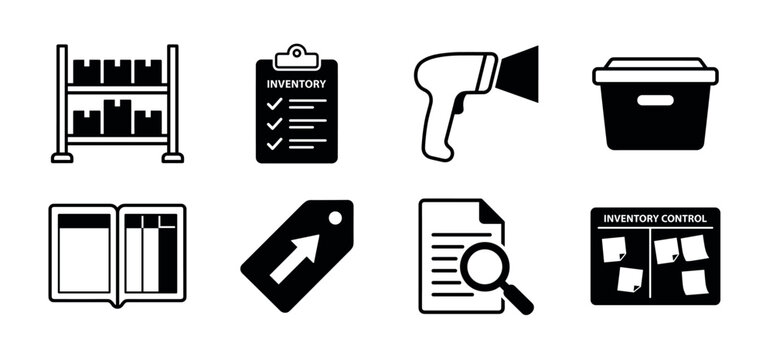 Black and white inventory control icon set featuring warehouse shelving, a barcode scanner, checklist, and logistics symbols for supply chain management in a minimalist vector style