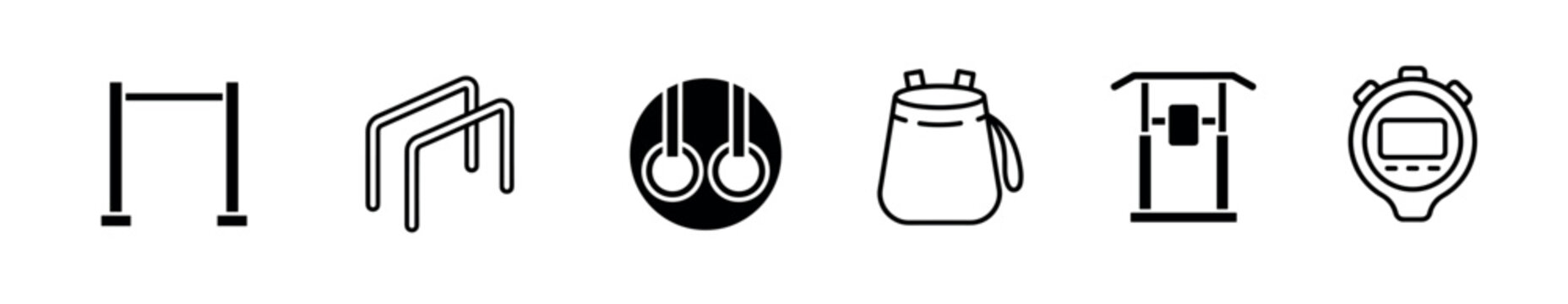 Set of black gymnastics equipment icons featuring parallel bars, rings, a chalk bag, a pull-up bar, and a stopwatch in a minimalist line art vector style