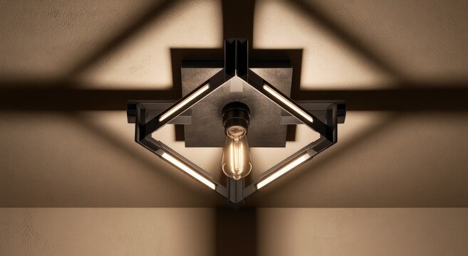 Modern geometric ceiling fixture with Edison bulb casts dramatic shadows