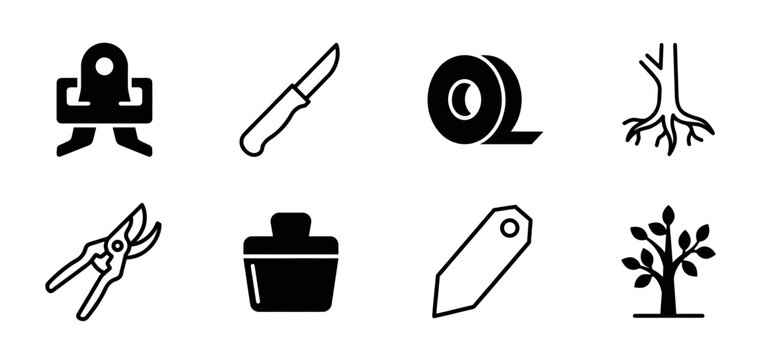 Gardening and plant grafting icon set with tools like a clamp, knife, tape, and shears for horticulture and propagation in a minimalist black glyph and line art style