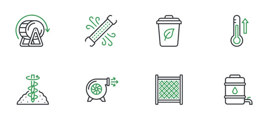 Fototapeta premium Set of composting and recycling icons illustrating equipment and processes for organic waste management, including a tumbler, aerator, bin, and thermometer in a clean two-color line art style