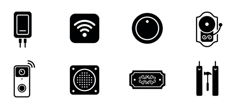 Collection of black glyph icons representing various doorbell and home entry systems, including a smart video camera, wireless symbol, intercom speaker, and traditional chimes
