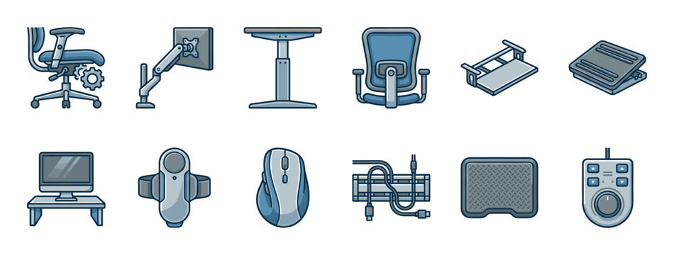 Ergonomic office furniture and computer equipment icon set for a healthy workplace, featuring an adjustable chair, standing desk, monitor arm, and vertical mouse in a clean line art style