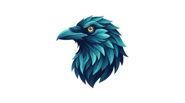 Stylized raven head illustration, majestic blue crow profile with detailed feathers, artistic bird mascot logo isolated on white background